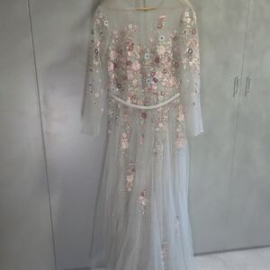 Mac Duggal Floral Embroidered Maxi Dress - Gray and Pink